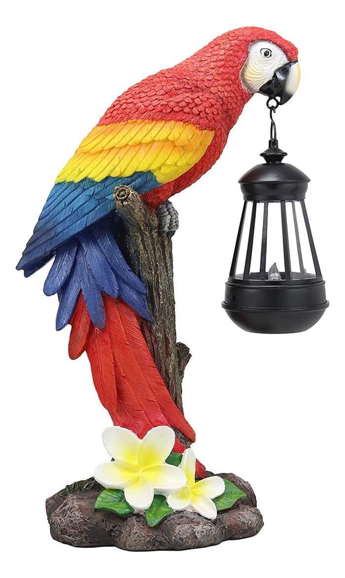 Ebros 14" Tall Red Scarlet Macaw Parrot Perching On Tree Stump Statue With Solar LED Lantern Light Path Lighter Home Garden Patio Parrots