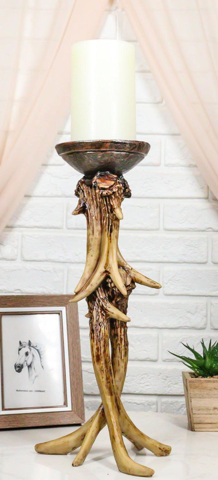 Ebros 14" Tall Rustic Buck Elk Deer Entwined Antlers Candle Holder Stand Set Of 2