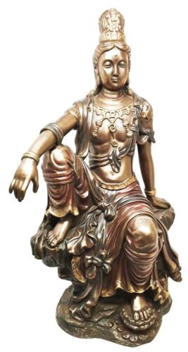 Ebros 16 Inch Water And Moon Kuan Yin Buddhist Bronze Finish Statue Figurine