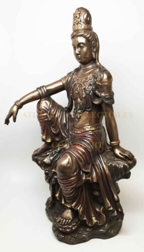 Ebros 16 Inch Water And Moon Kuan Yin Buddhist Bronze Finish Statue Figurine