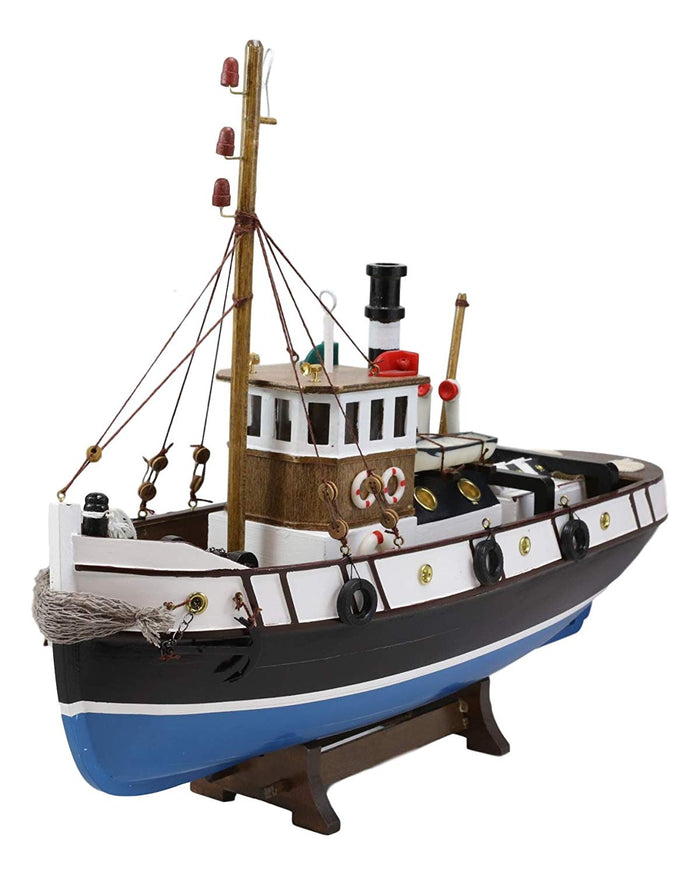 Ebros 17.25"L Blue Wooden Tugboat Boat Model Statue With Wood Base Stand Figure