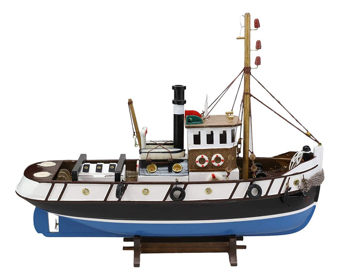 Ebros 17.25"L Blue Wooden Tugboat Boat Model Statue With Wood Base Stand Figure