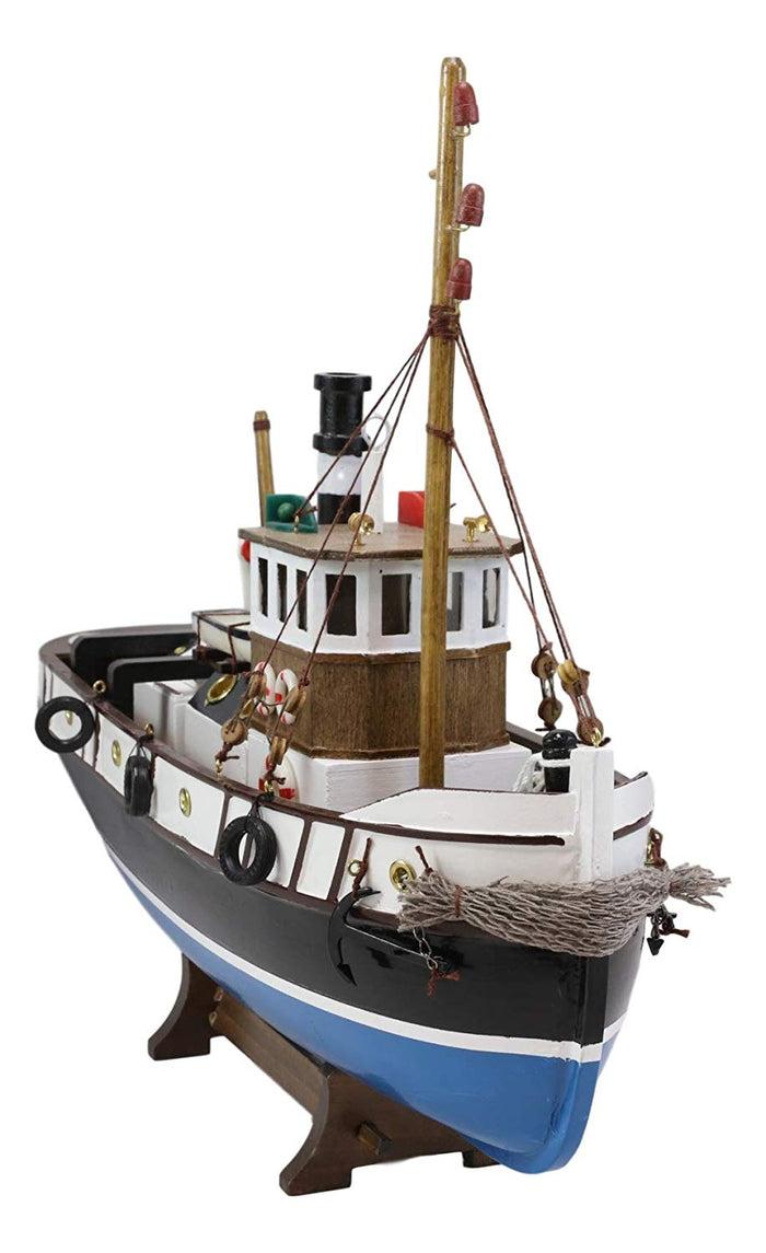 Ebros 17.25"L Blue Wooden Tugboat Boat Model Statue With Wood Base Stand Figure