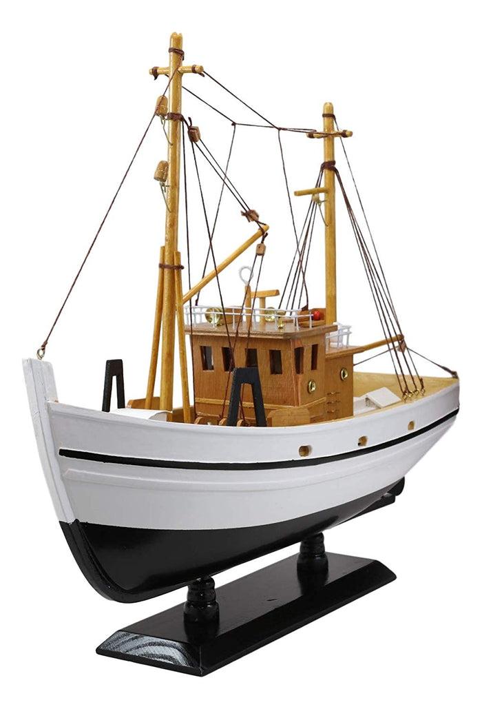Ebros 17.25" Long Fisherman's Wharf White Wooden Handicraft Nautical Coastal Ocean Marine Trawler Fishing Vessel Boat Model Statue With Wood Base Stand Fully Assembled Figurine Sea Ship Prototype