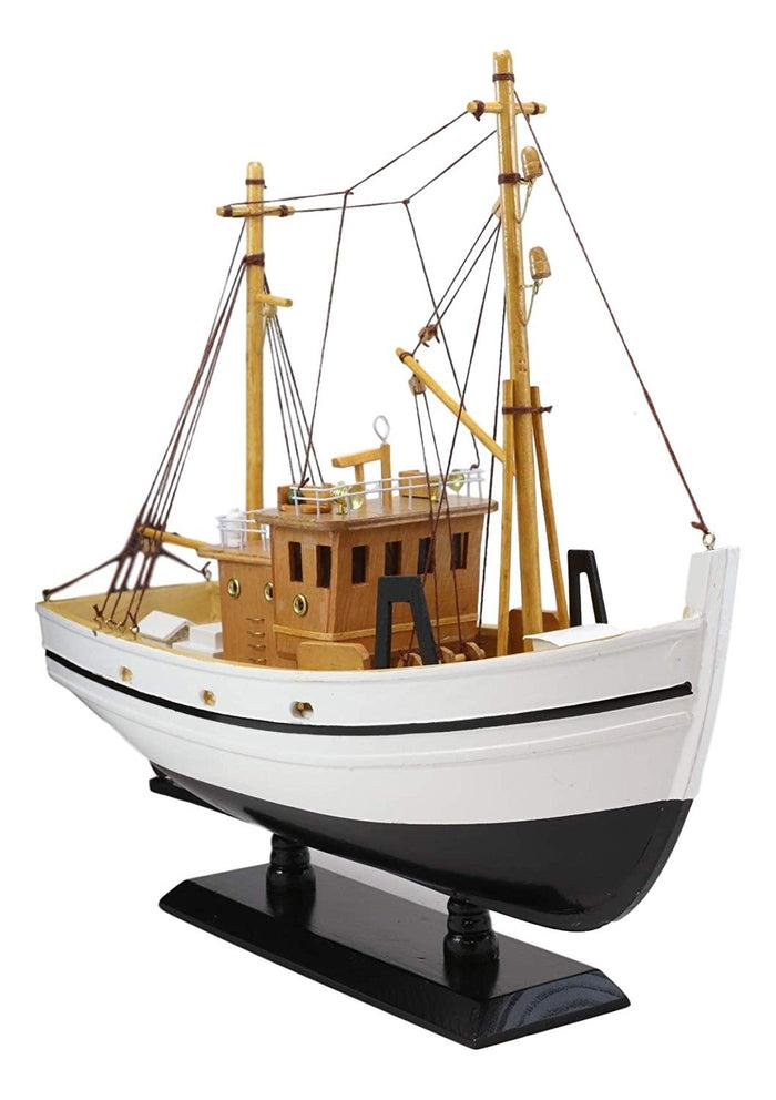 Ebros 17.25" Long Fisherman's Wharf White Wooden Handicraft Nautical Coastal Ocean Marine Trawler Fishing Vessel Boat Model Statue With Wood Base Stand Fully Assembled Figurine Sea Ship Prototype