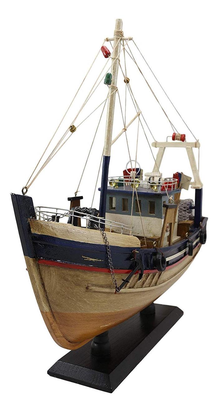 Ebros 17"L Wooden Handicraft Nautical Fishing Vessel Boat Model With Wood Base