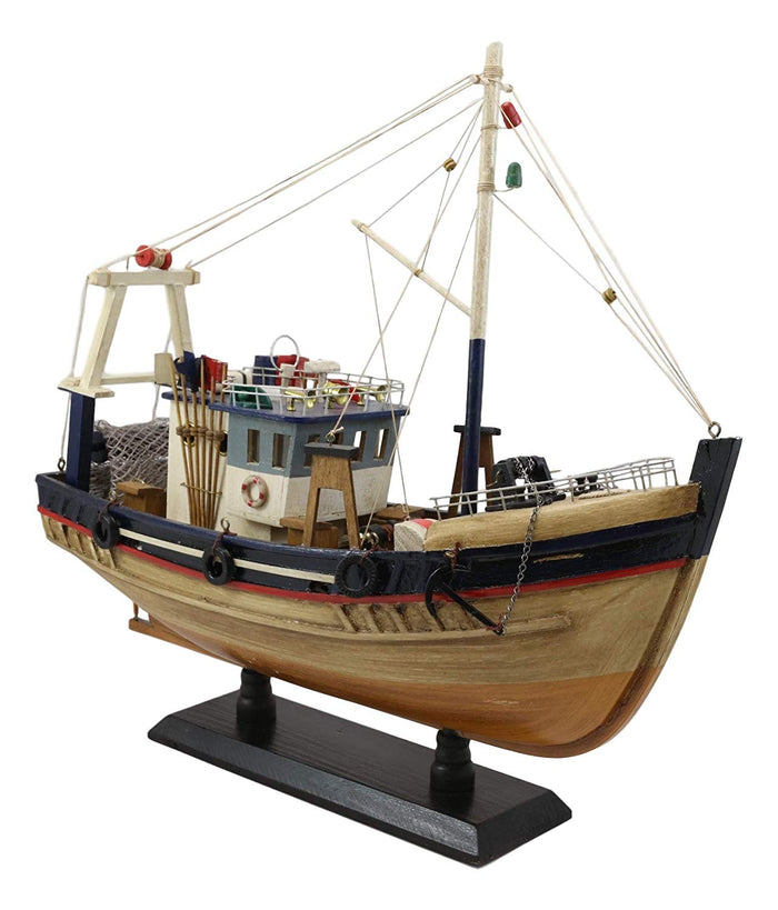 Ebros 17"L Wooden Handicraft Nautical Fishing Vessel Boat Model With Wood Base