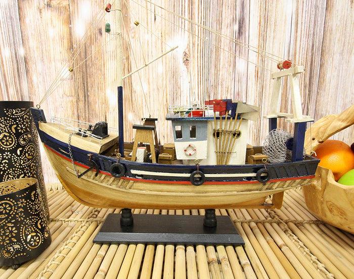 Ebros 17"L Wooden Handicraft Nautical Fishing Vessel Boat Model With Wood Base