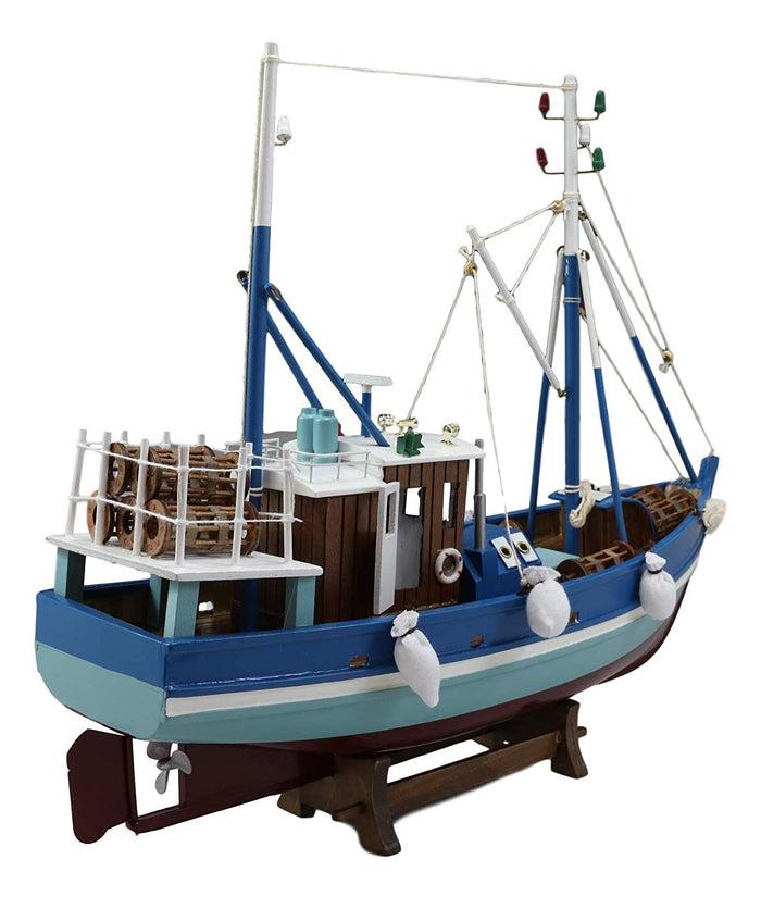 Ebros 18"L Blue Maine Fishing Shrimping Lobster Boat Model With Wood Base Figure