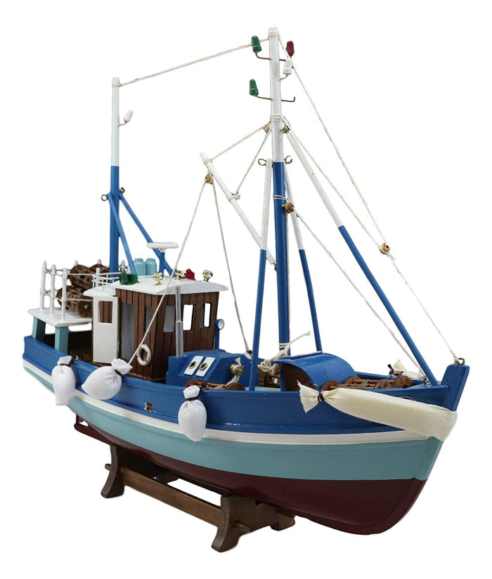 Ebros 18"L Blue Maine Fishing Shrimping Lobster Boat Model With Wood Base Figure