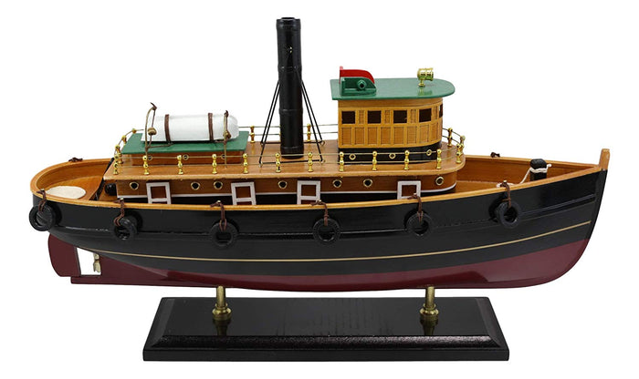Ebros 18" Long Handicraft Tugboat Boat Model Statue With Wood Base Stand Figure