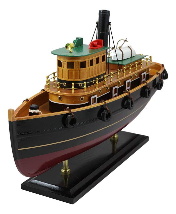 Ebros 18" Long Handicraft Tugboat Boat Model Statue With Wood Base Stand Figure
