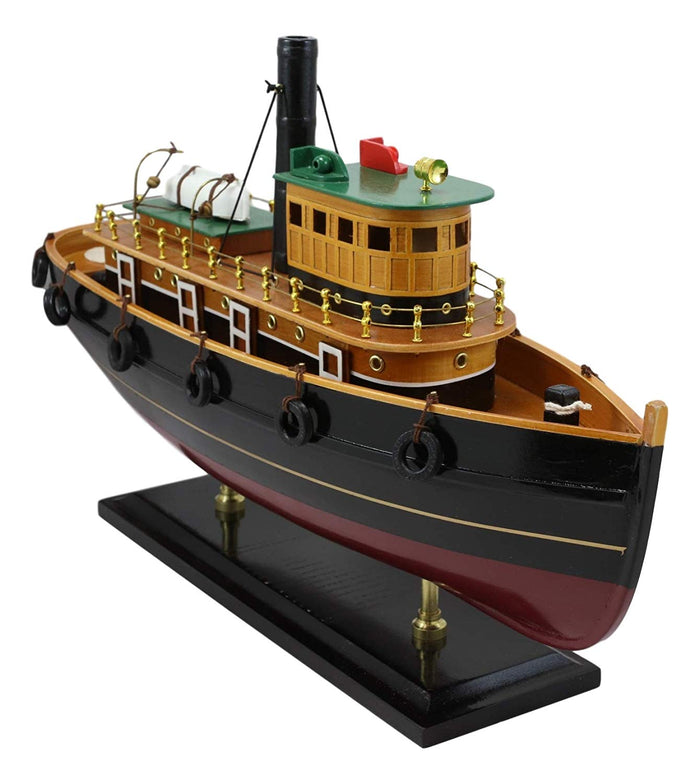 Ebros 18" Long Handicraft Tugboat Boat Model Statue With Wood Base Stand Figure