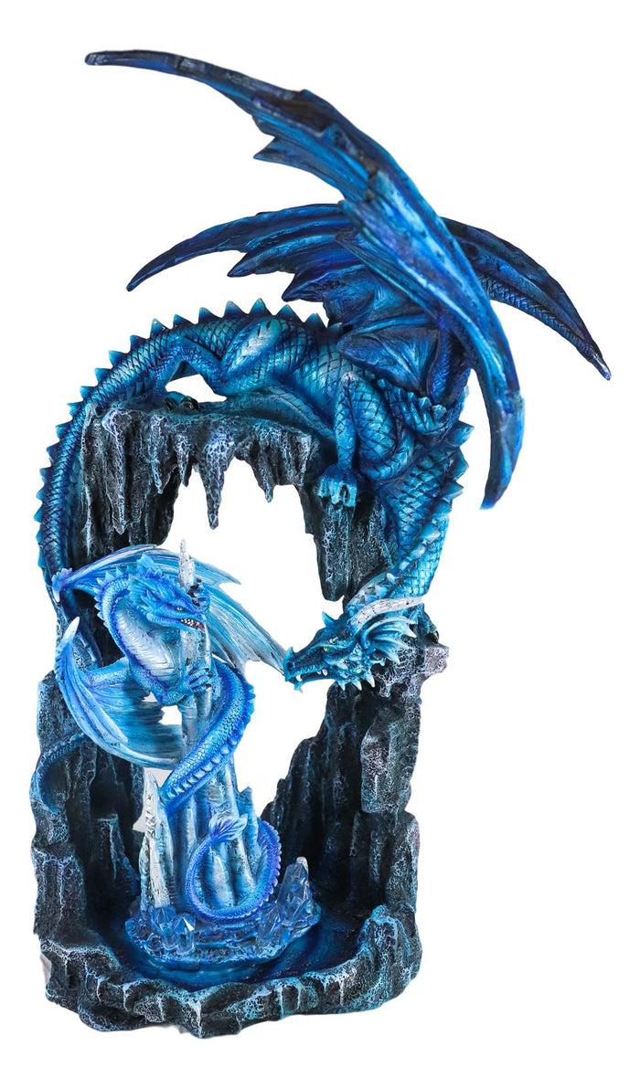 Ebros 20"H Blue Frozen Dragon On Cavern With Wyrmling By Ice Stalagmite Statue