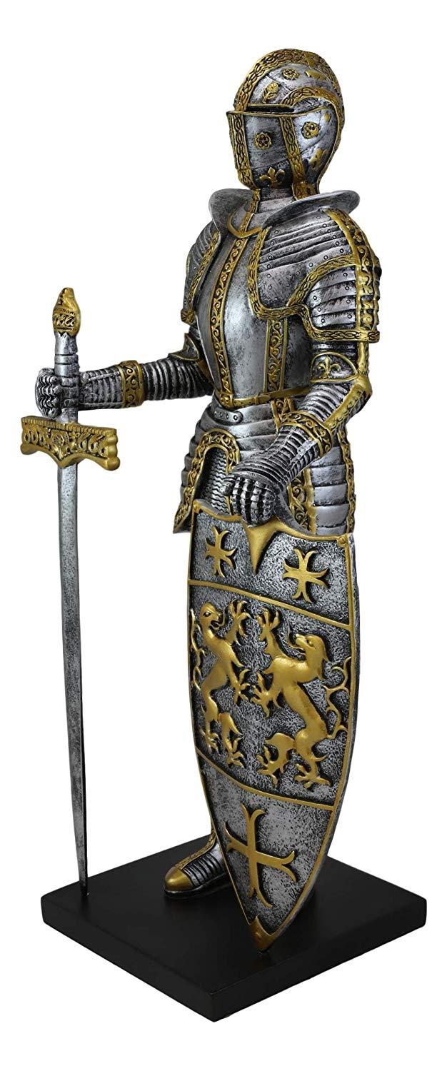 Ebros 21"H Large Medieval Suit Of Armor Knight With Sword And Heraldry Shield Statue