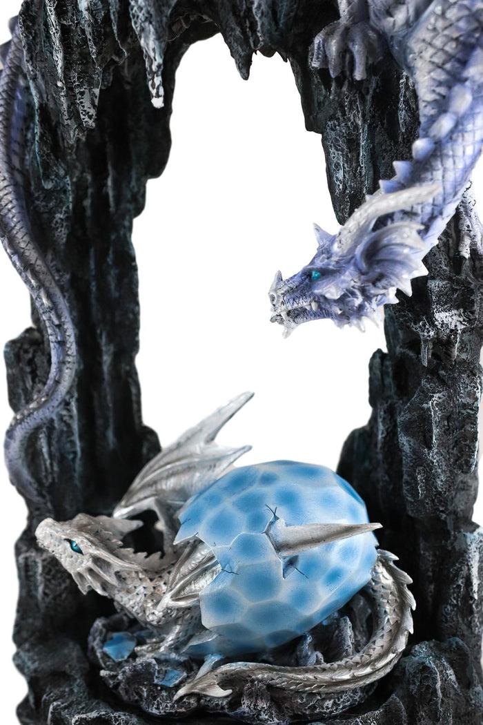 Ebros 21"H White Frozen Dragon On Cavern With Wyrmling Hatchling In Egg Statue
