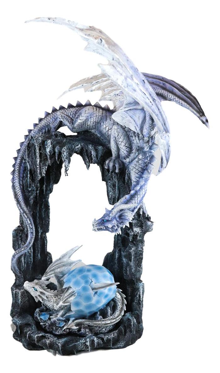 Ebros 21"H White Frozen Dragon On Cavern With Wyrmling Hatchling In Egg Statue
