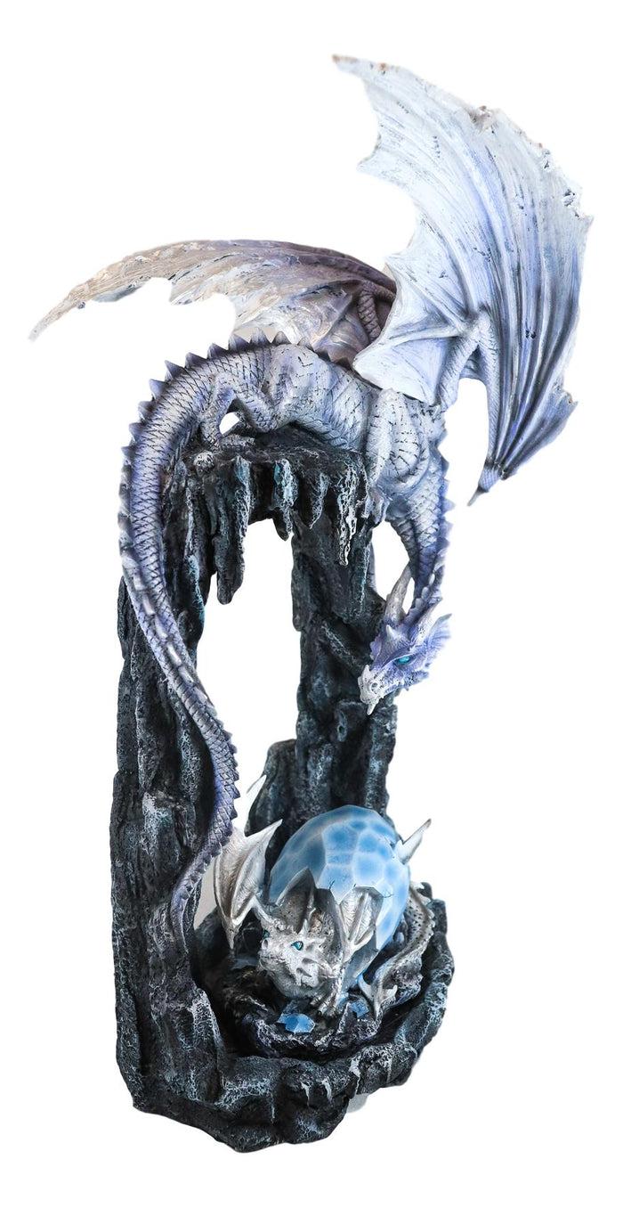 Ebros 21"H White Frozen Dragon On Cavern With Wyrmling Hatchling In Egg Statue