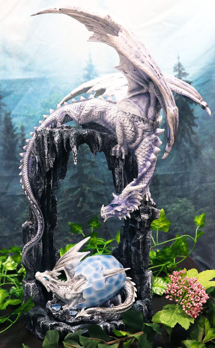 Ebros 21"H White Frozen Dragon On Cavern With Wyrmling Hatchling In Egg Statue
