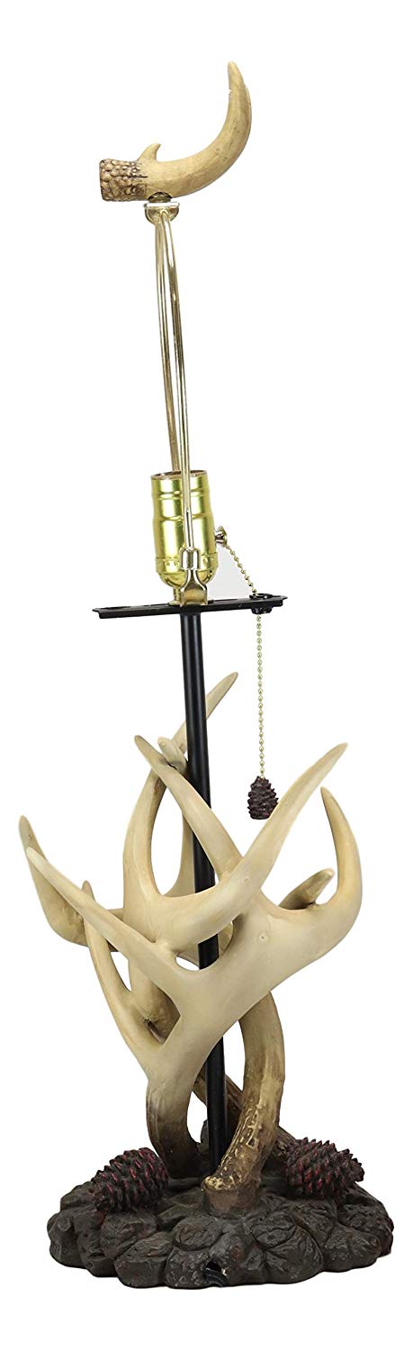 Ebros 26"H Rustic Vintage Design 3 Entwined Antlers And Pine Cones Table Lamp