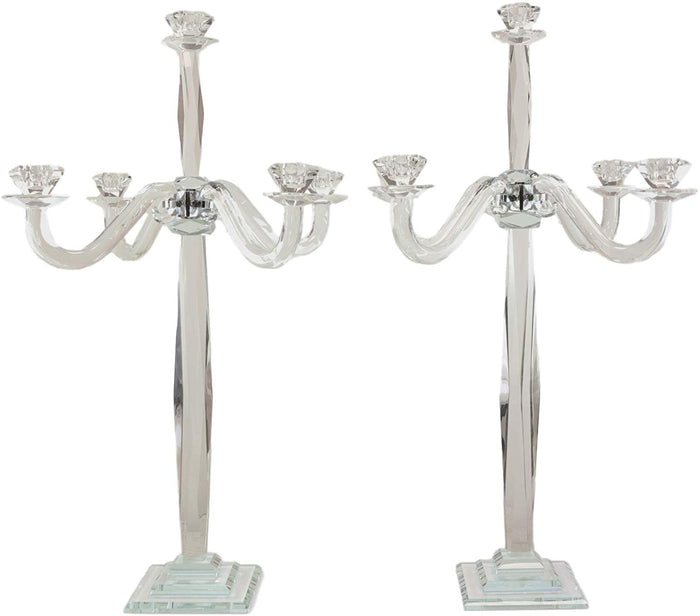 Ebros 28" Tall SET OF 2 Crystal Glass Pillar Column 5 Candlesticks Candle Holder