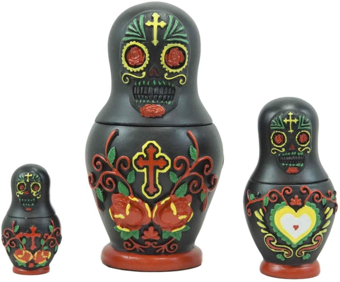 Ebros 3 Piece Set Black Sugar Skulls Nesting Dolls Matroyshka Babushka Figurines