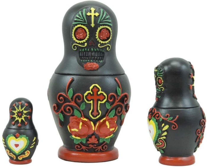 Ebros 3 Piece Set Black Sugar Skulls Nesting Dolls Matroyshka Babushka Figurines