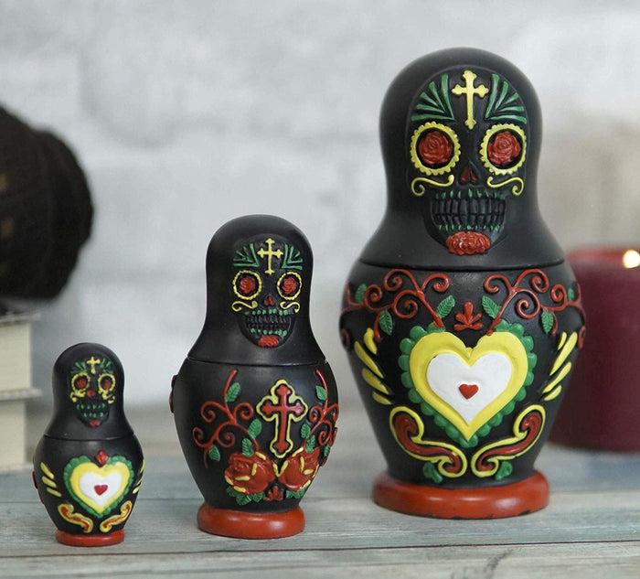 Ebros 3 Piece Set Black Sugar Skulls Nesting Dolls Matroyshka Babushka Figurines