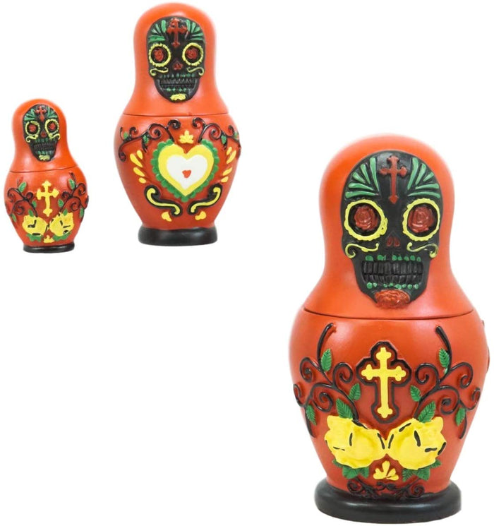 Ebros 3 Piece Set Red Sugar Skulls Nesting Dolls Matroyshka Babushka Figurines