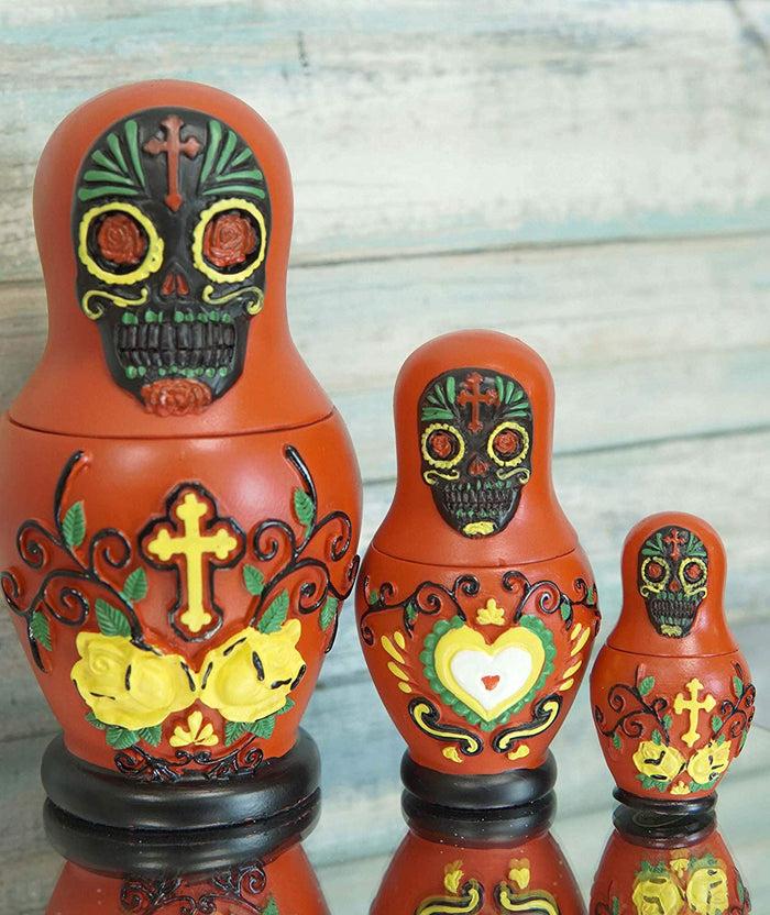 Ebros 3 Piece Set Red Sugar Skulls Nesting Dolls Matroyshka Babushka Figurines