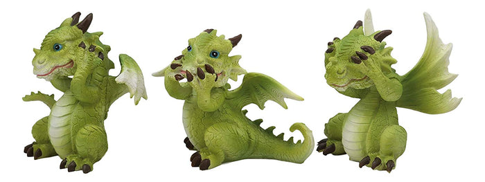 Ebros 3 Wise Dragon Set See Hear Speak No Evil Whimsical Green Dragons Mini Figurines