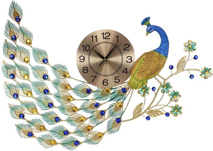 Ebros 30" Wide Large Iridescent Peacock Gold Plated Metal Wall Clock Analog Face