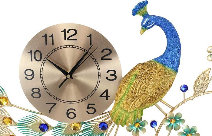 Ebros 30" Wide Large Iridescent Peacock Gold Plated Metal Wall Clock Analog Face