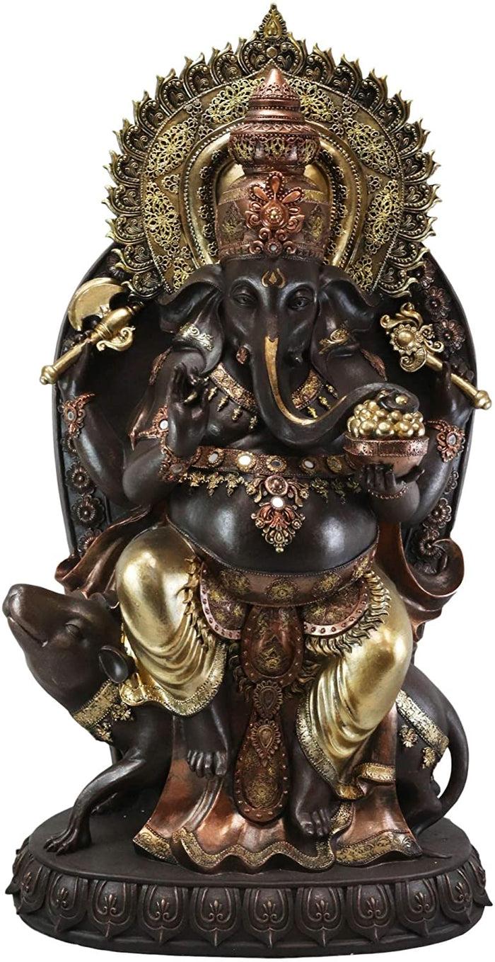 Ebros 34" Tall Large Hindu God Ganesha On Throne With Giant Mouse Figurine