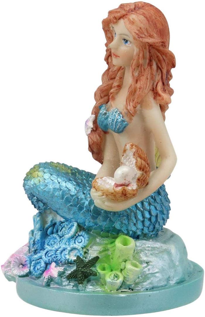 Ebros 4.5" Tall Colorful Nautical Ocean Mermaid Mergirl With Pearl Shell And Blue Tail Sitting On Corals Statue