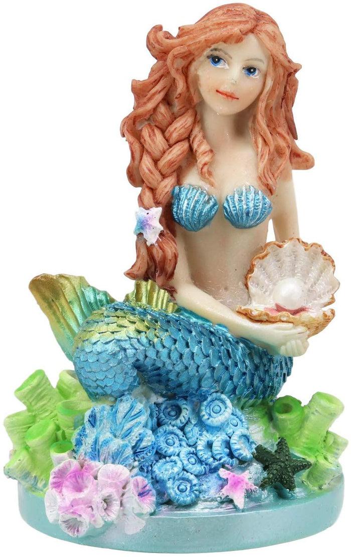 Ebros 4.5" Tall Colorful Nautical Ocean Mermaid Mergirl With Pearl Shell And Blue Tail Sitting On Corals Statue