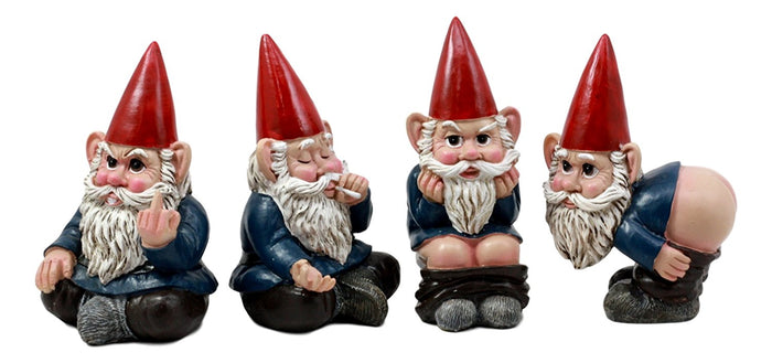 Ebros 4" Tall Badass Naughty Gnome Figurines Collectible Set Of 4 Dwarf Decors