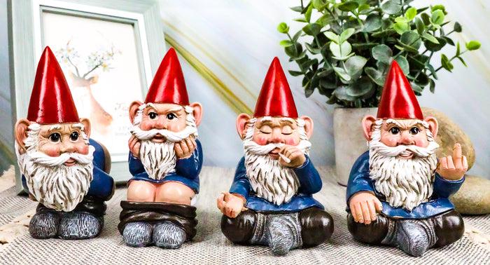 Ebros 4" Tall Badass Naughty Gnome Figurines Collectible Set Of 4 Dwarf Decors