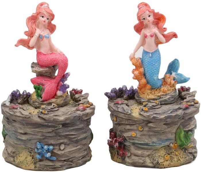 Ebros 4" Tall Blue And Pink Tailed Mermaid Mergirl Sisters Sitting On Coral Rocks Decorative Box Figurine Set Of 2