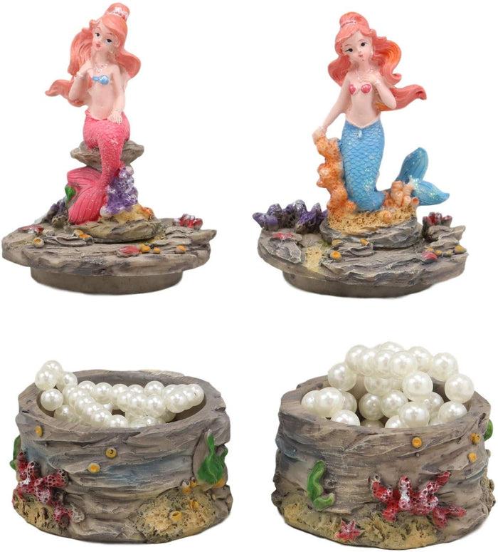 Ebros 4" Tall Blue And Pink Tailed Mermaid Mergirl Sisters Sitting On Coral Rocks Decorative Box Figurine Set Of 2