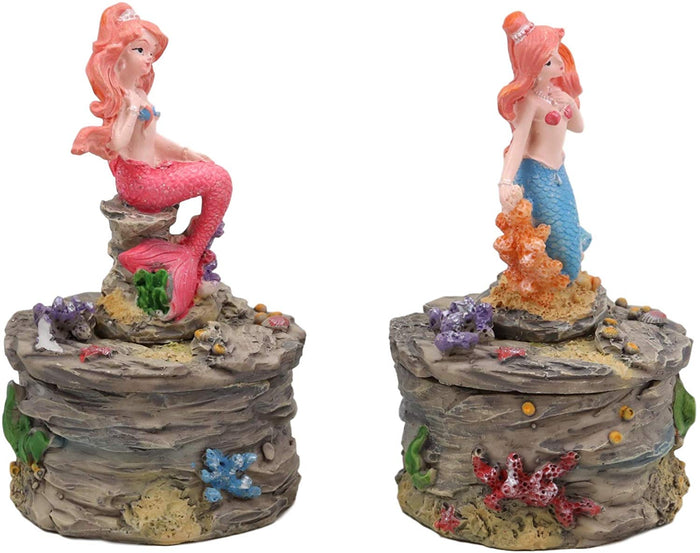 Ebros 4" Tall Blue And Pink Tailed Mermaid Mergirl Sisters Sitting On Coral Rocks Decorative Box Figurine Set Of 2