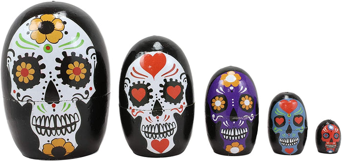 Ebros 5 Piece Set Colorful Sugar Skulls Nesting Dolls Matroyshka Wooden Figurine