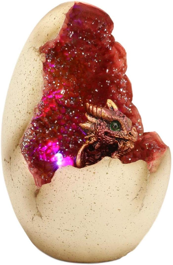 Ebros 5" Tall Red Hatchling Wyrmling Dragon In Crystal Quartz Geode Egg Figurine With Colorful LED Night Light