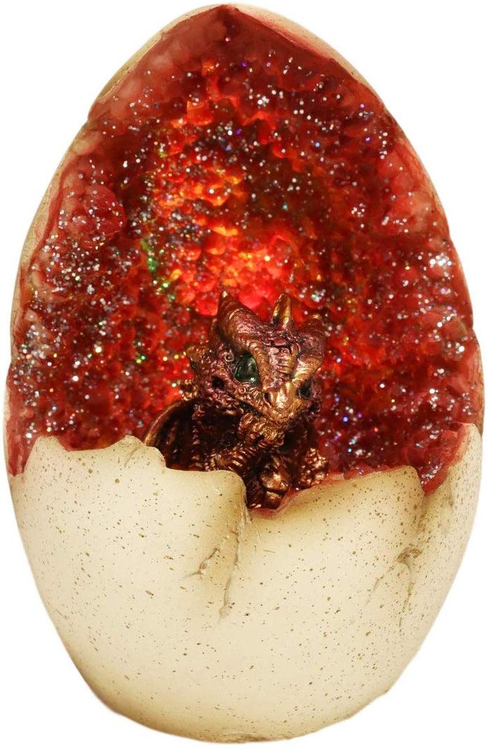 Ebros 5" Tall Red Hatchling Wyrmling Dragon In Crystal Quartz Geode Egg Figurine With Colorful LED Night Light