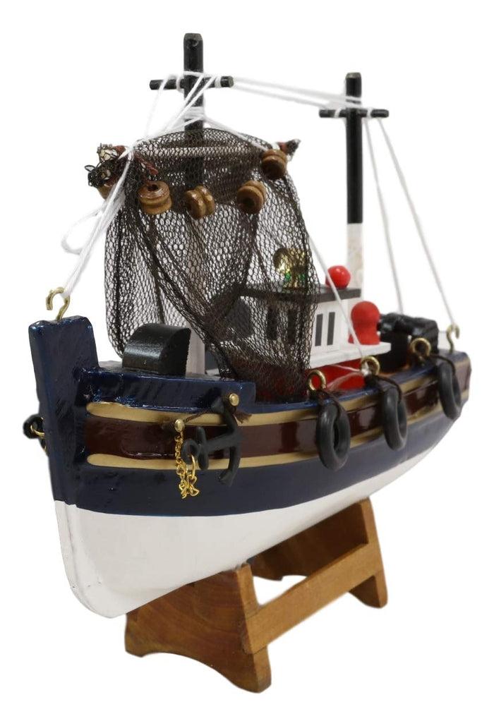 Ebros 6.25" Long Colorful Wooden Handicraft Nautical Ocean Marine Trawler Fishing Boat Model Statue With Wood Base Stand Fully Assembled Figurine Sea Ship Prototype Museum Gallery Sculpture
