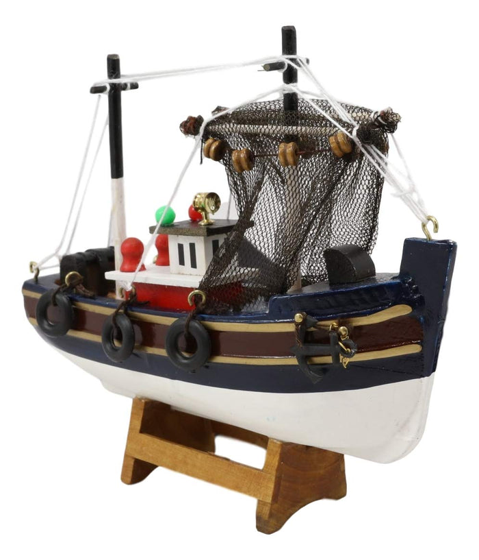 Ebros 6.25" Long Colorful Wooden Handicraft Nautical Ocean Marine Trawler Fishing Boat Model Statue With Wood Base Stand Fully Assembled Figurine Sea Ship Prototype Museum Gallery Sculpture