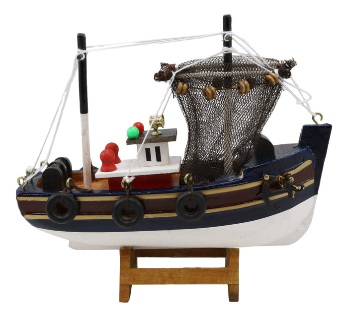 Ebros 6.25" Long Colorful Wooden Handicraft Nautical Ocean Marine Trawler Fishing Boat Model Statue With Wood Base Stand Fully Assembled Figurine Sea Ship Prototype Museum Gallery Sculpture