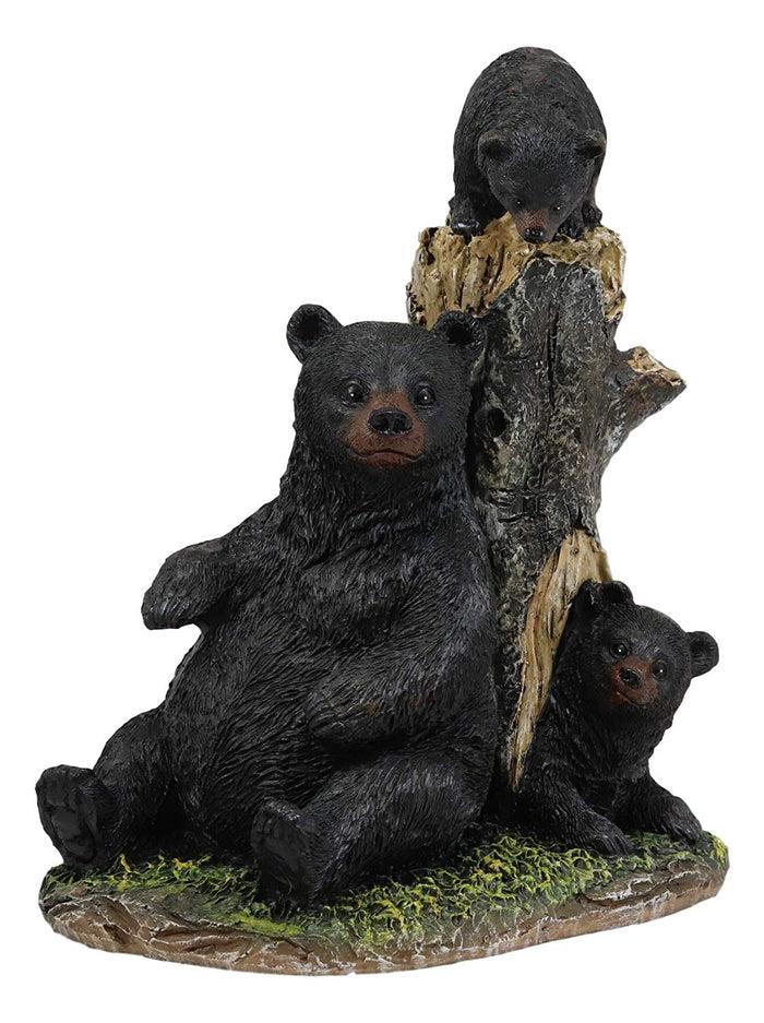 Ebros 7.5"H Rustic Forest Mother Black Bear With 2 Playful Cubs By Tree Stump Statue