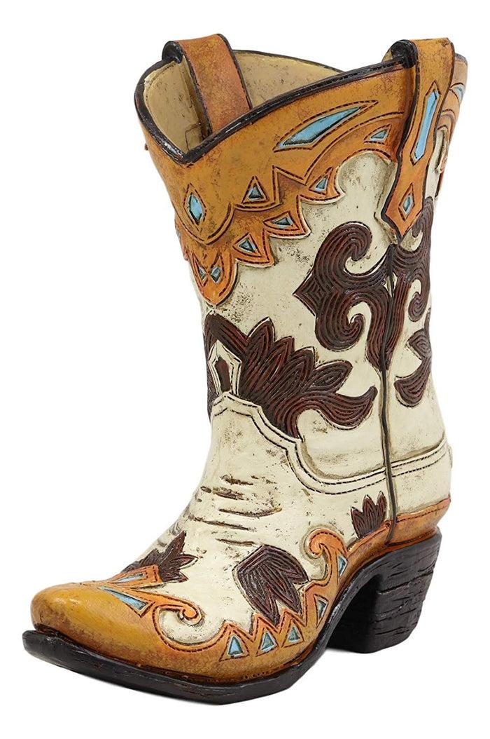 Ebros 7"H Rustic Western Cowboy Taupe Boot Figurine Stationery Holder Flower Vase