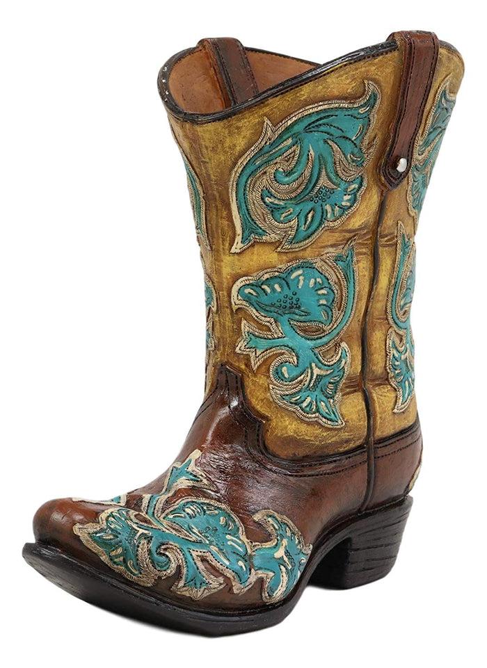 Ebros 7"H Rustic Western Cowboy Teal Brown Boot Figurine Stationery Holder Flower Vase